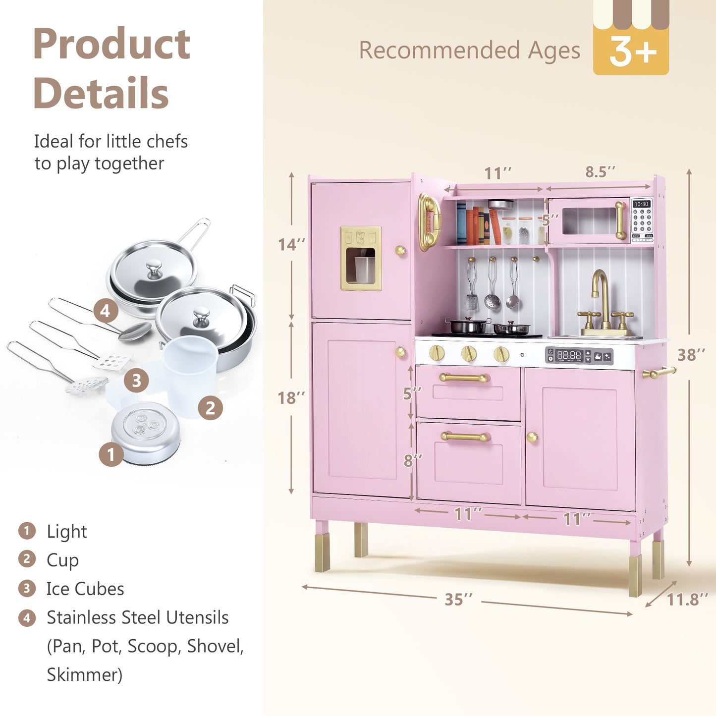 LINLUX Wooden Kids Play Kitchen, Toy Kitchen Playset For Toddler, Realistic Kitchen Sets Baby, Pink