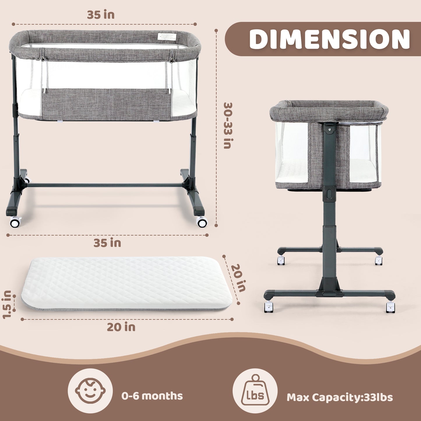AILEEKISS Baby Bassinet Bedside Sleeper, Height Adjustable Newborn Baby Bassinet with Wheels, Grey