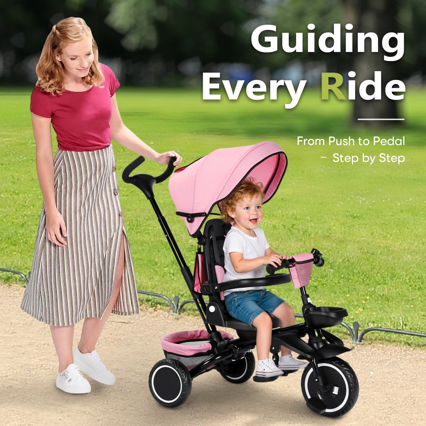 AILEEKISS 8-in-1 Kids' Tricycle Stroller, Folding Toddler Bicycle Unisex Ride Trike 1-6 Years, Pink