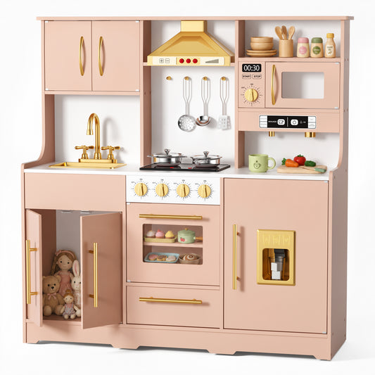 AILEEKISS Wood Kids Play Kitchen, Pretend Kitchen Playset for Children Age 3 Years up, Orange