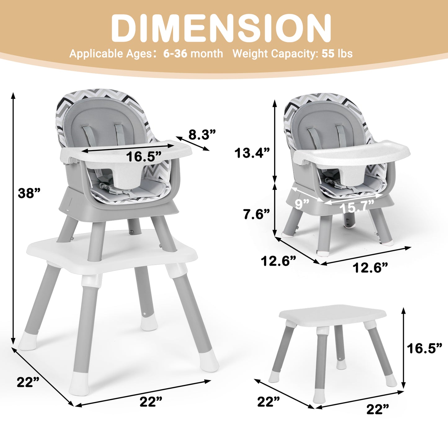 AILEEKISS 8 in 1 Baby High Chair, Toddler Dining Booster Seat for Eating, Chevron