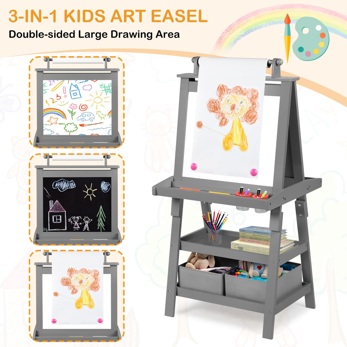 LINLUX 3 in 1 Kids Art Easel Drawing Board Double-Sided Whiteboard Chalkboard, Grey
