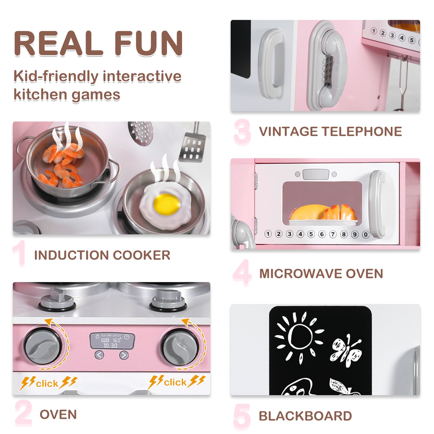 AILEEKISS Kids Play Kitchen Set, Wood Kitchen Playset for Toddler with Accessories, Pink
