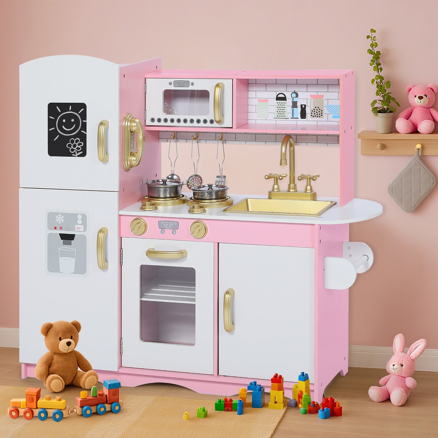 AILEEKISS Kids Play Kitchen Set, Wood Kitchen Playset for Toddler with Accessories, Gold Pink