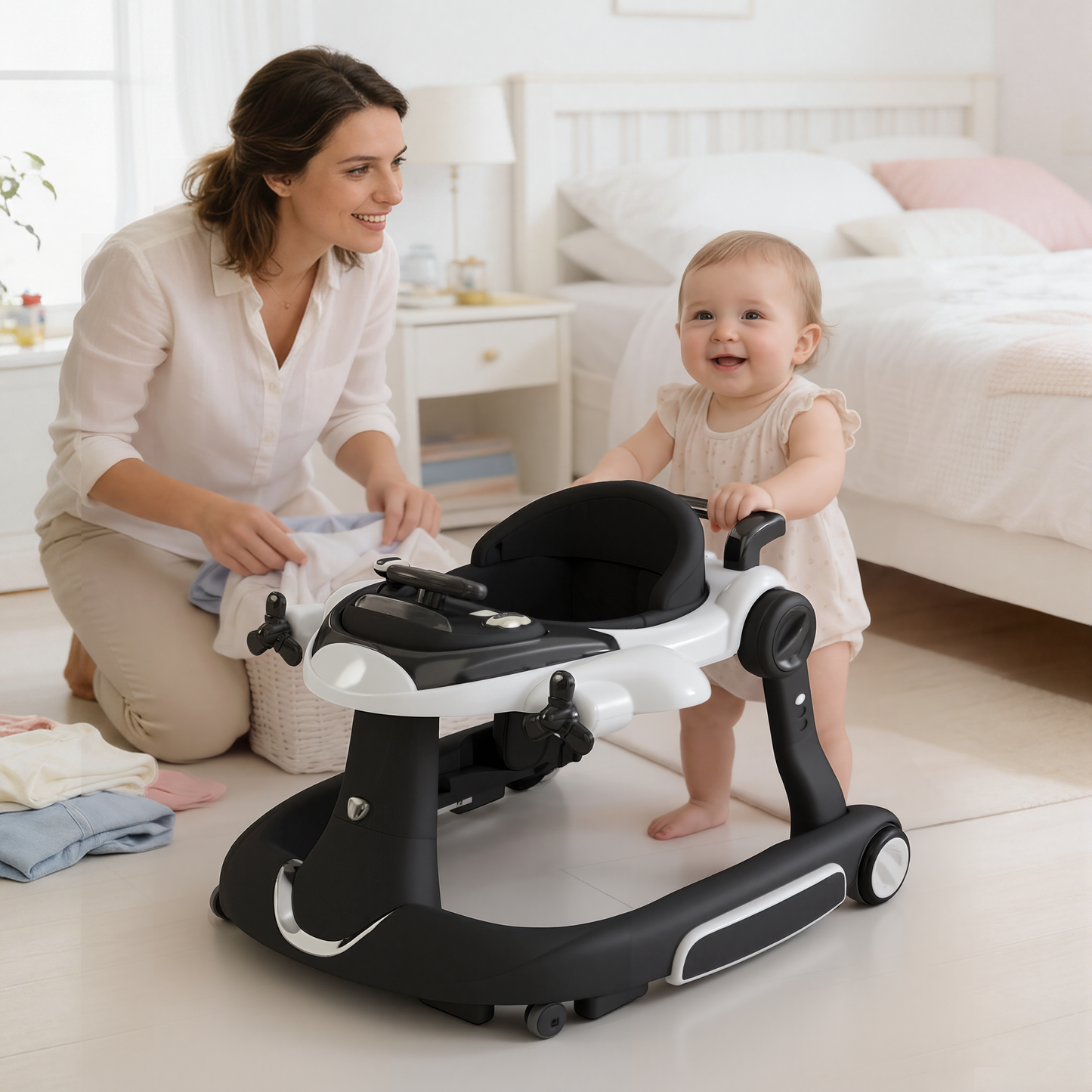 AILEEKISS 5-in-1 Musical Baby Walker with Wheels, Foldable Baby Walker for Boys Girls, Black