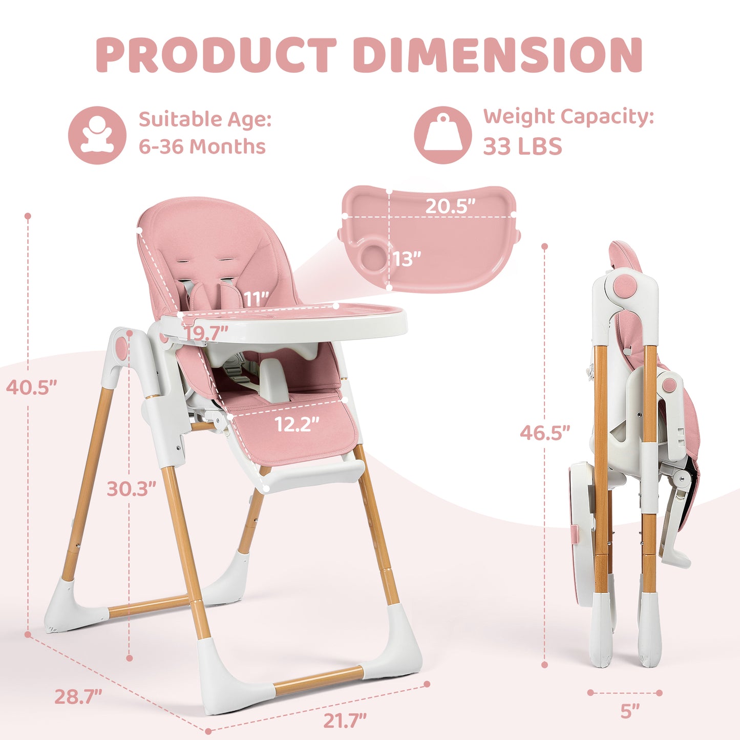 AILEEKISS Foldable High Chair for Baby, Toddler Eating Chair with Detachable Double Trays, Natural Pink
