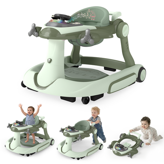 AILEEKISS 5-in-1 Musical Baby Walker with Wheels, Foldable Baby Walker for Boys Girls, Green