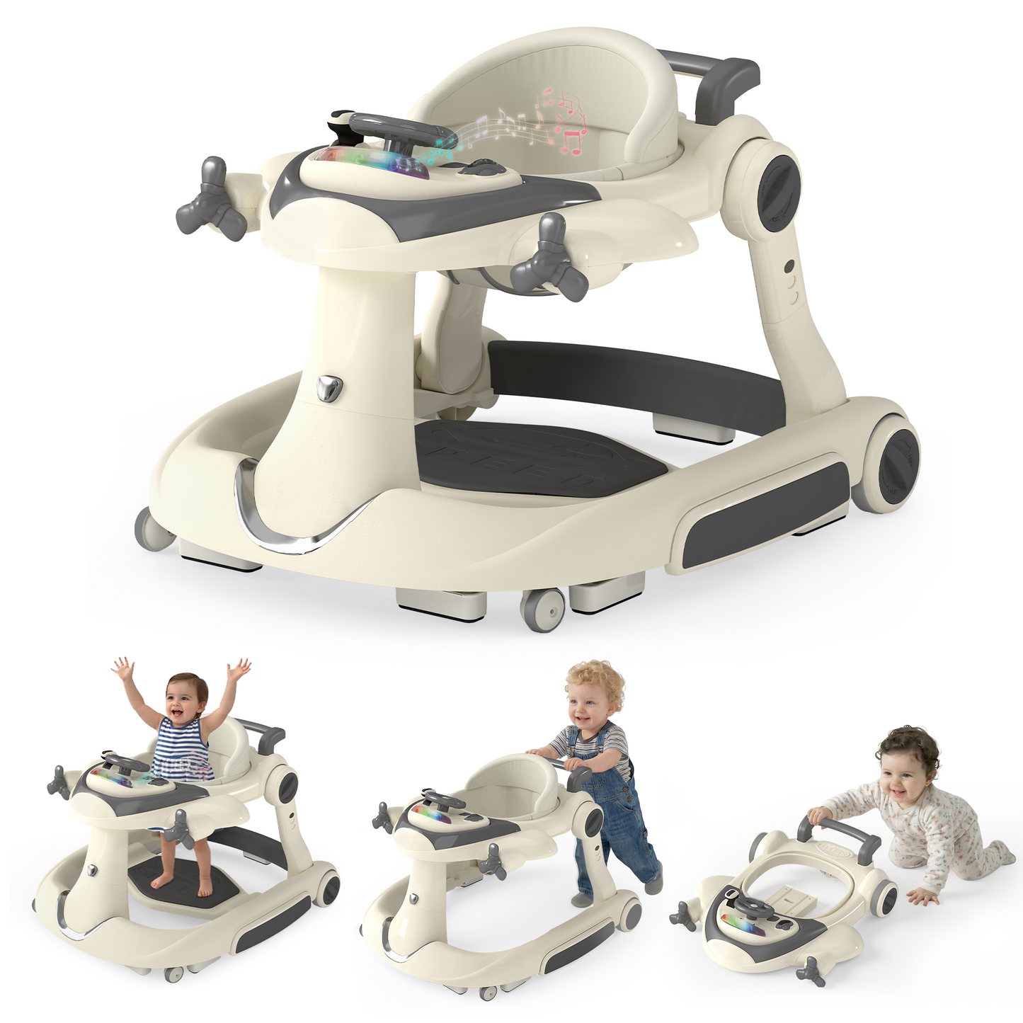 AILEEKISS 5-in-1 Musical Baby Walker with Wheels, Foldable Baby Walker for Boys Girls, Beige
