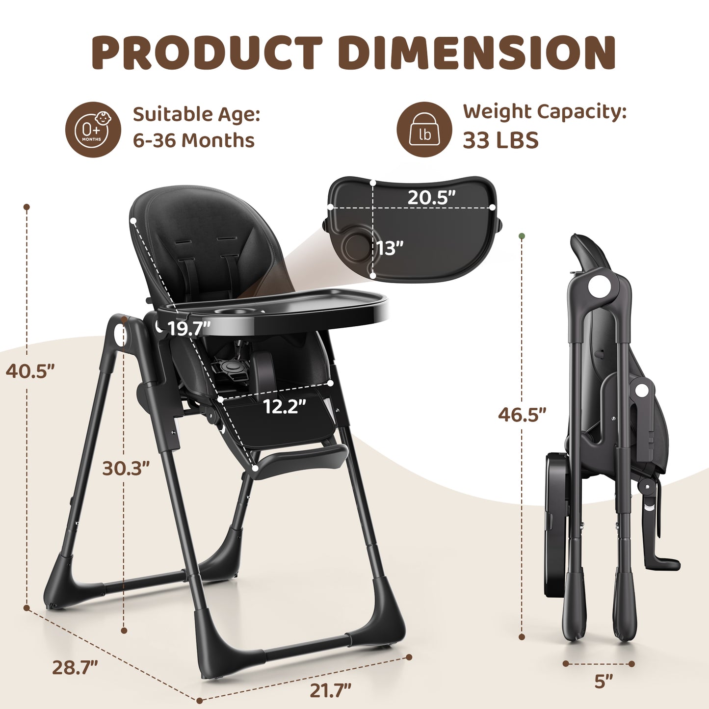 AILEEKISS Foldable High Chair for Baby, Toddler Eating Chair with Detachable Double Trays, Black