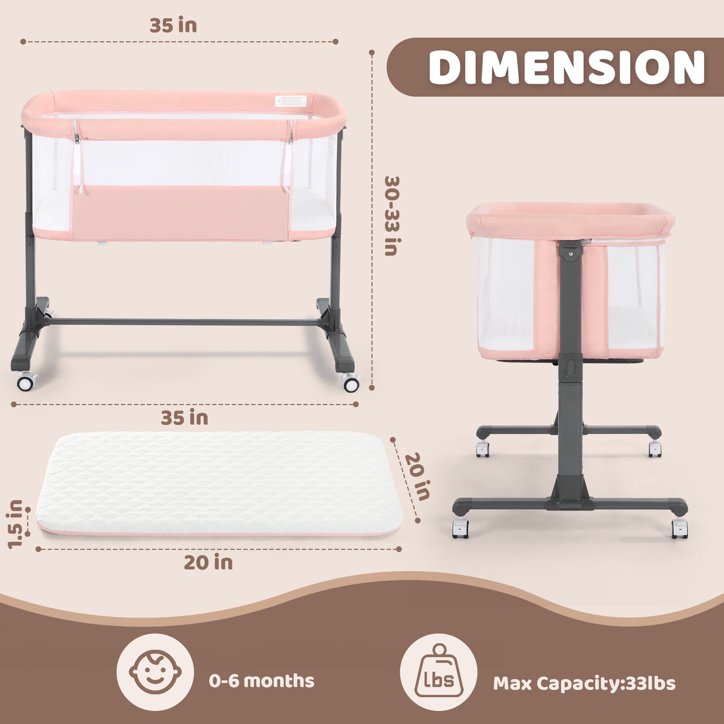 AILEEKISS Baby Bassinet Bedside Sleeper, Height Adjustable Newborn Baby Bassinet with Wheels, Pink
