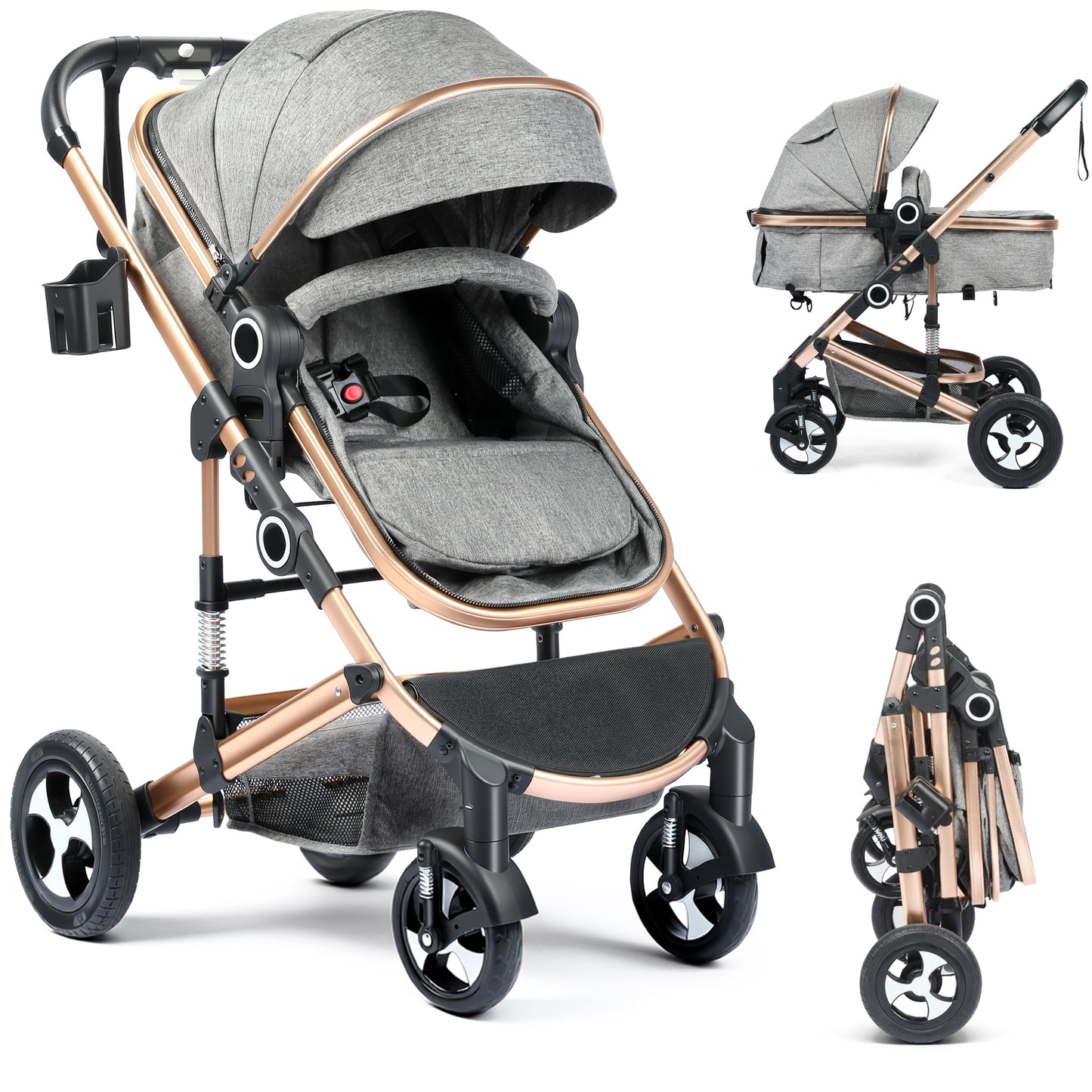 AILEEKISS 3 in 1 Convertible Baby Stroller, Unisex Folding Newborn Stroller with Big Seat, Rose Gold