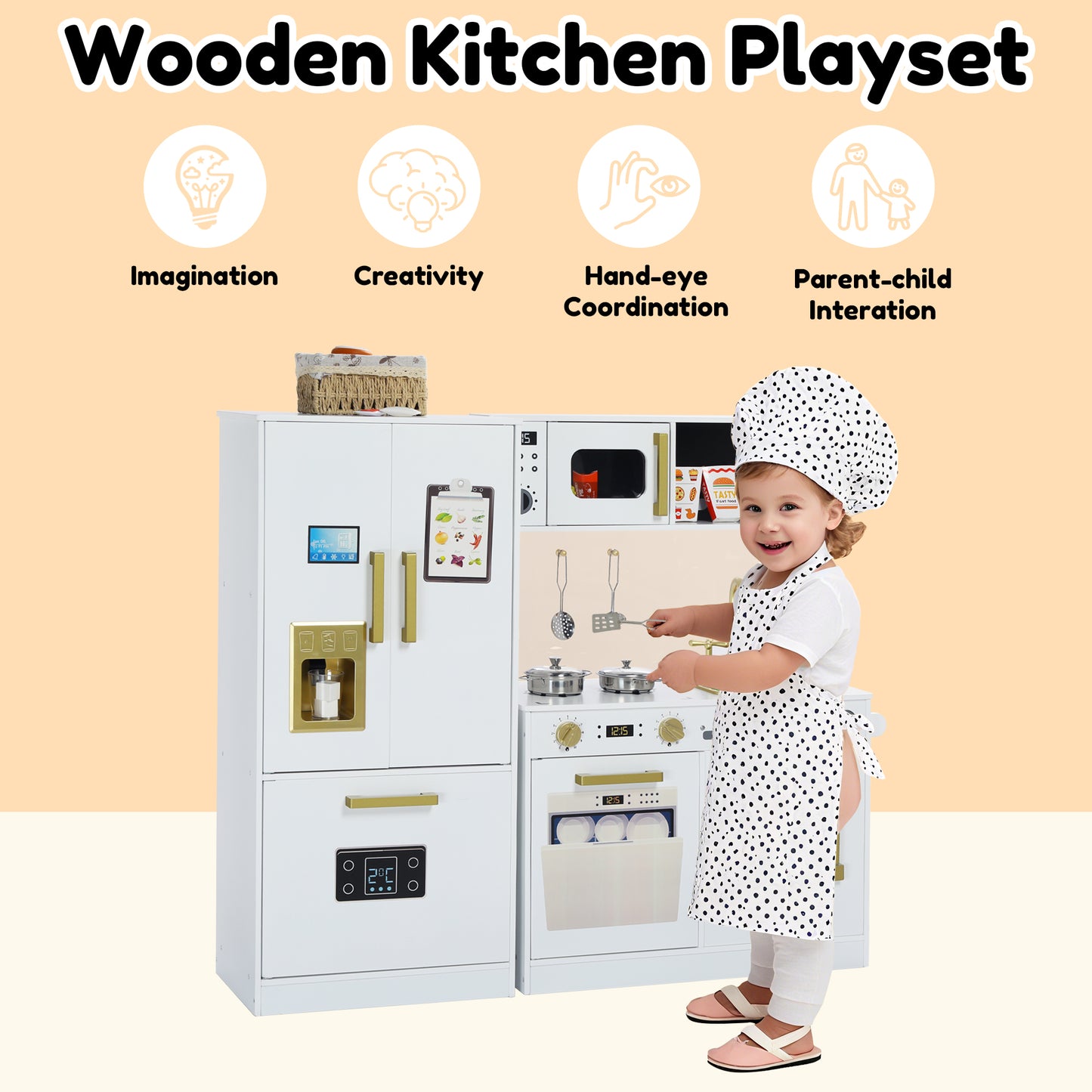 AILEEKISS Wood Kids Play Kitchen, Pretend Kitchen Playset for Children Age 3 Years up, White
