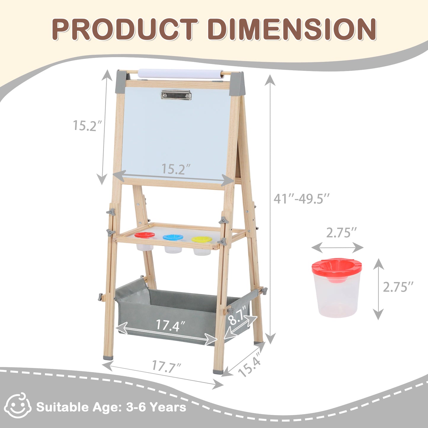 LINLUX Double-Sided Art Easel for Kids, 3 in 1 Wooden Kids Easel w/Paper Roller & Art Supplies, Grey