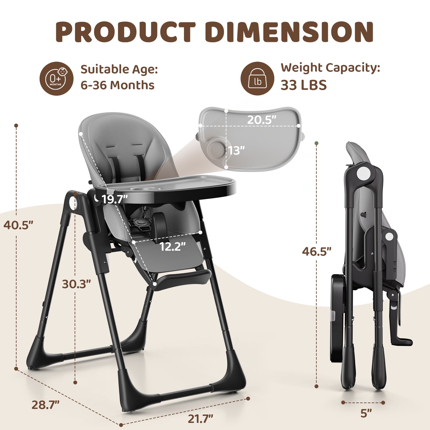 AILEEKISS Foldable High Chair for Baby, Toddler Eating Chair with Detachable Double Trays, Grey