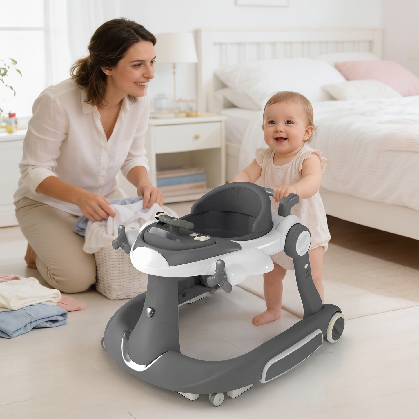 AILEEKISS 5-in-1 Musical Baby Walker with Wheels, Foldable Baby Walker for Boys Girls, Gray