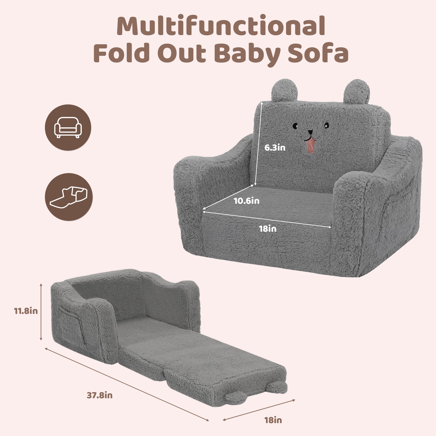 AILEEKISS Toddler Sofa, Foldable Kids Sofa Couch, Convertible Baby Lounger Chair for Playroom, Grey
