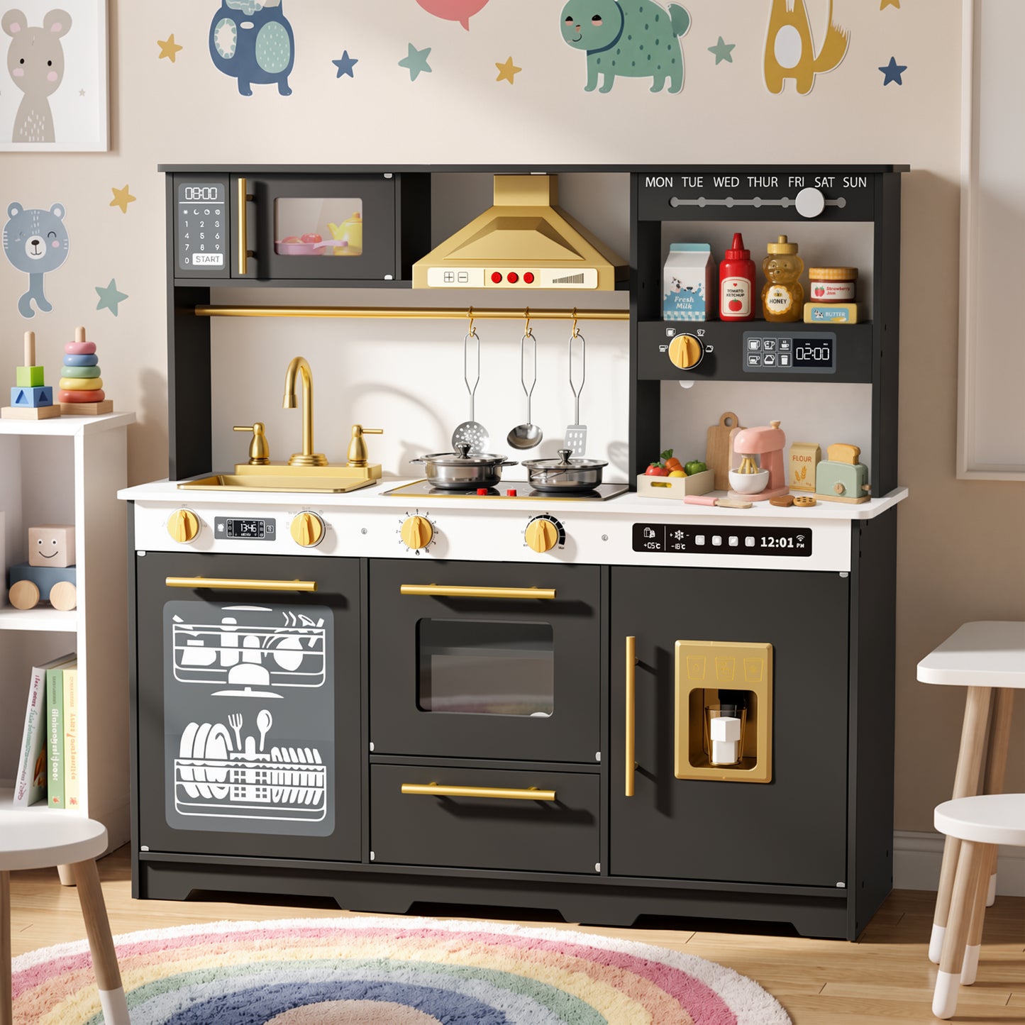 AILEEKISS Kids Toy Kitchen for Children, Pretend Kids Play Kitchen Set with Cooking Accessories, Black