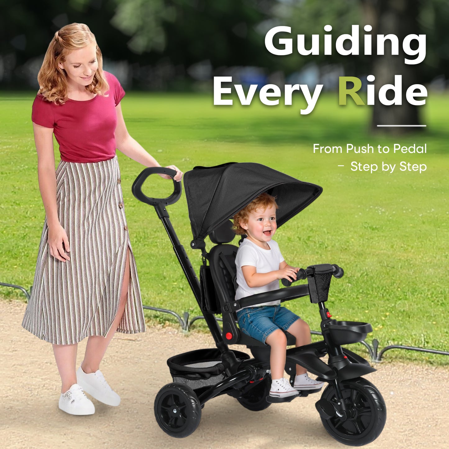 AILEEKISS Folding Kids' Tricycle, 8 IN1 Baby Trike W/Removable Canpoy&Parental Push Rod, Toddler Bike Stroller for Kids 1-5 Years, Black