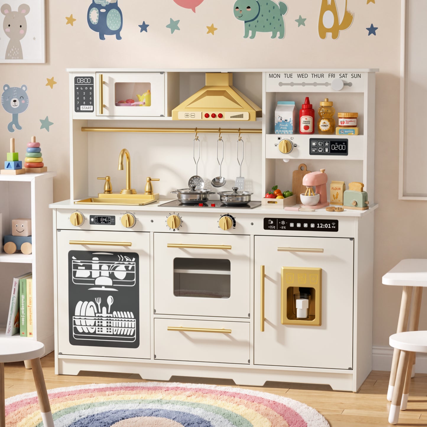 AILEEKISS Kids Toy Kitchen for Children, Pretend Kids Play Kitchen Set with Cooking Accessories, White