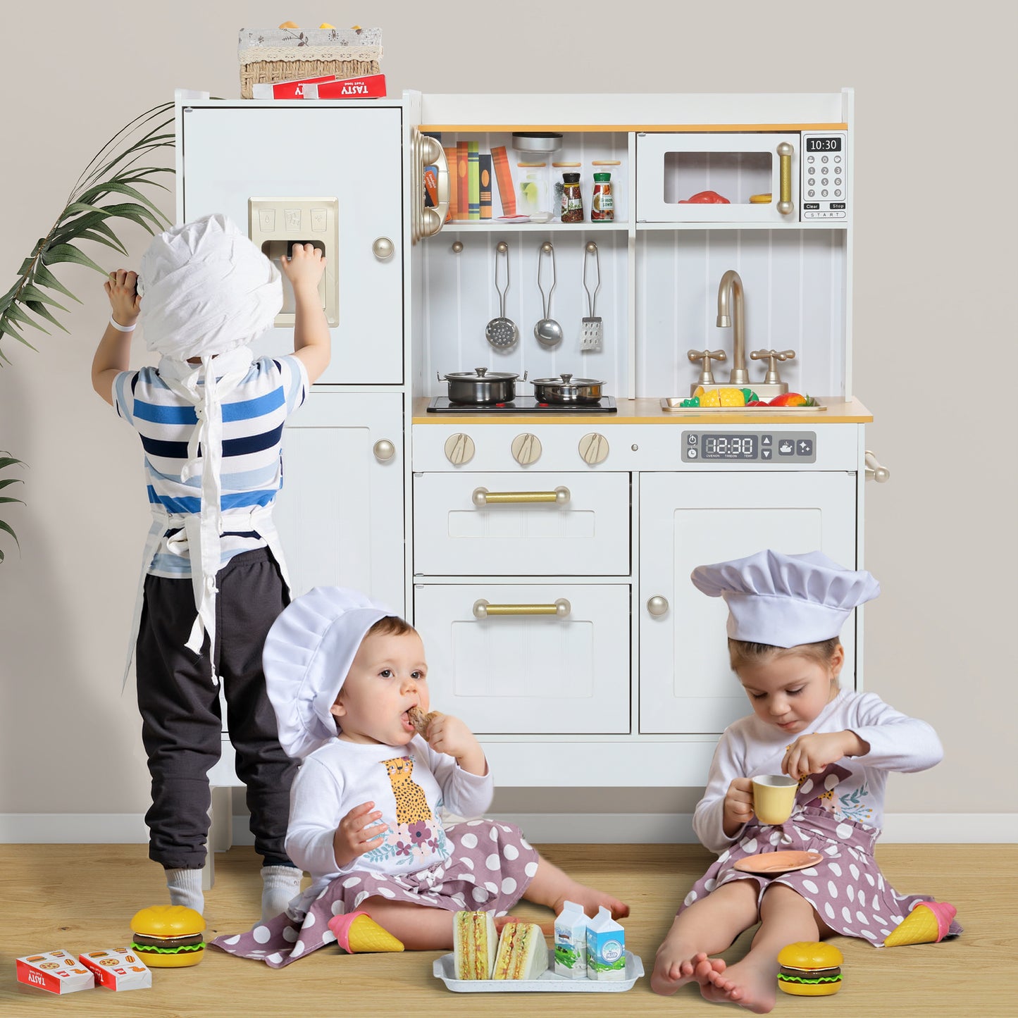 AILEEKISS Wood Kids Play Kitchen, Pretend Toy Kitchen Playset for Children with Sounds, White