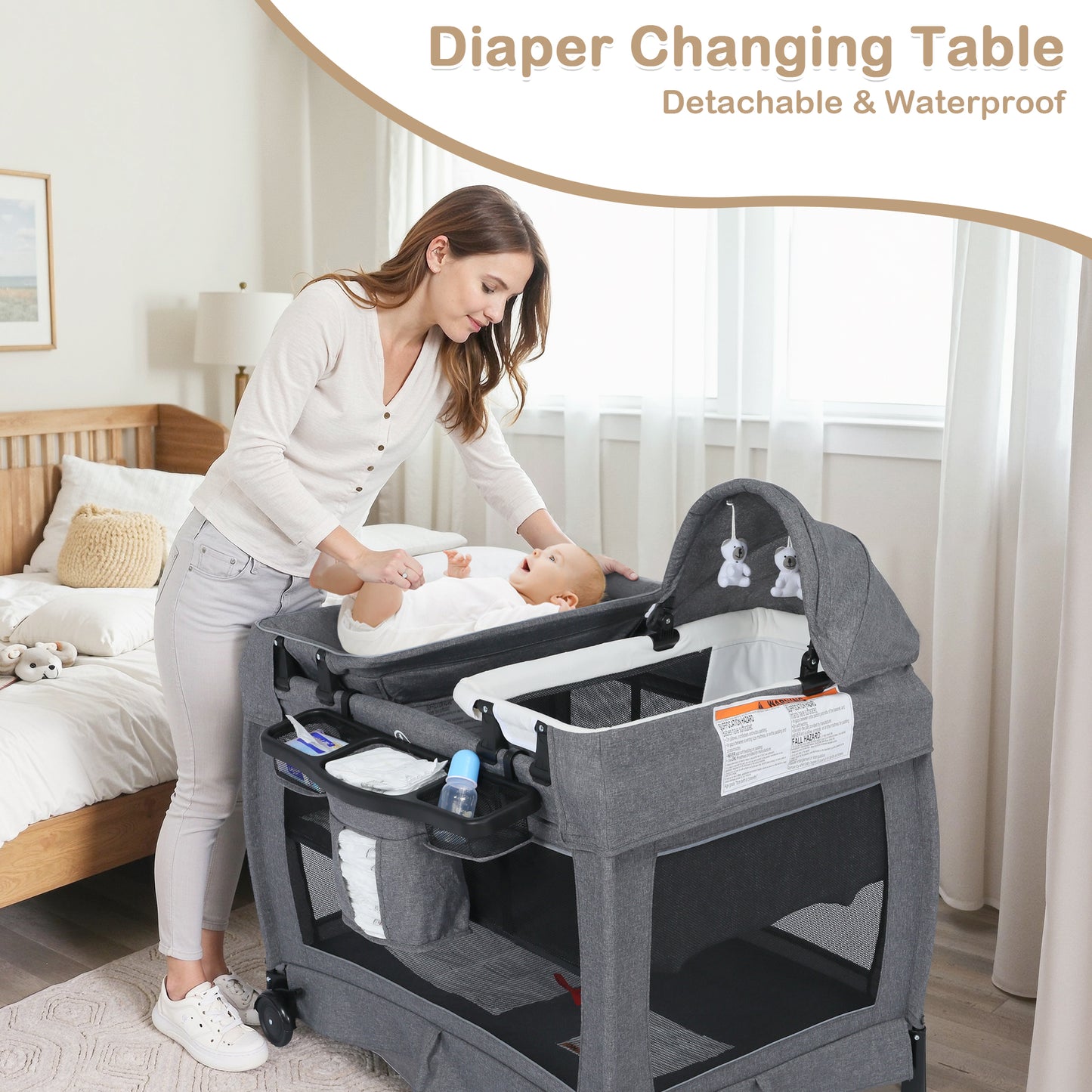 AILEEKISS 3-in-1 Nursery Center, Foldable Baby Playard with Changing Table for Newborn, Grey