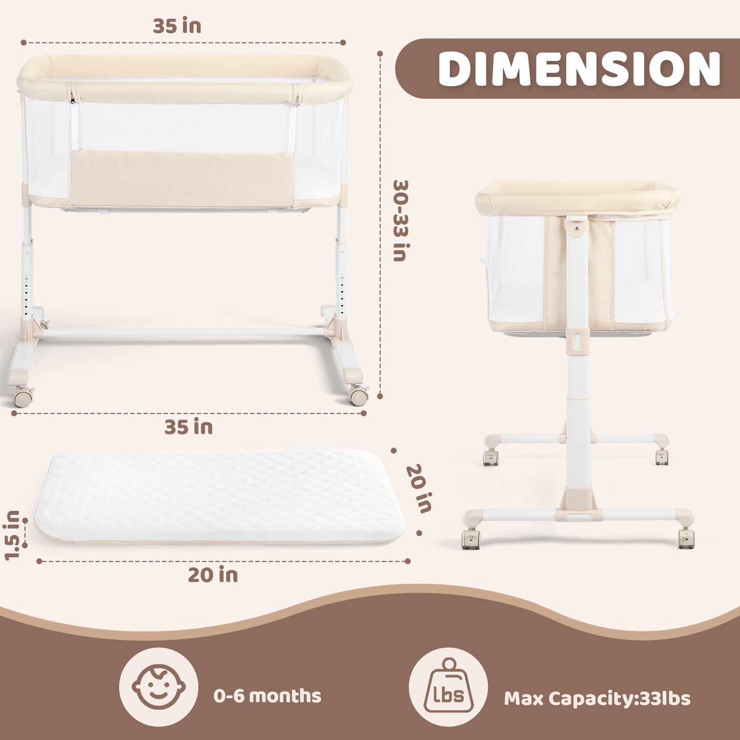 AILEEKISS Baby Bassinet Bedside Sleeper, Height Adjustable Newborn Baby Bassinet with Wheels, Beige