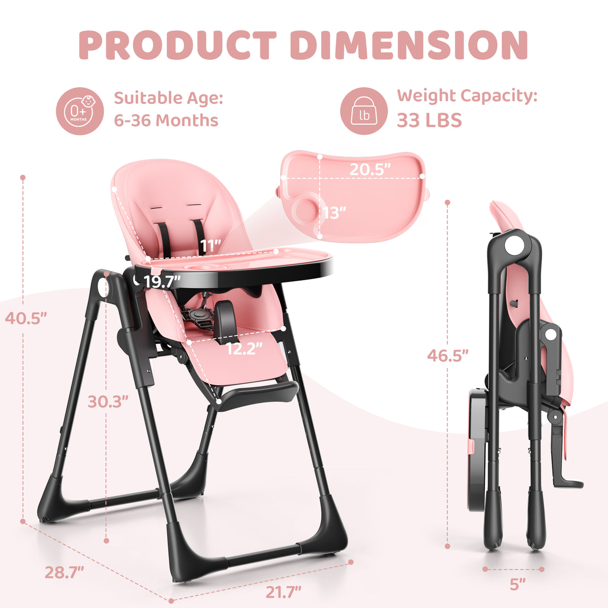 AILEEKISS Foldable High Chair for Baby, Toddler Eating Chair with Detachable Double Trays, Black Pink