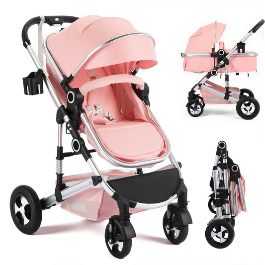 AILEEKISS 3 in 1 Convertible Baby Stroller, Unisex Folding Newborn Stroller with Big Seat, Pink