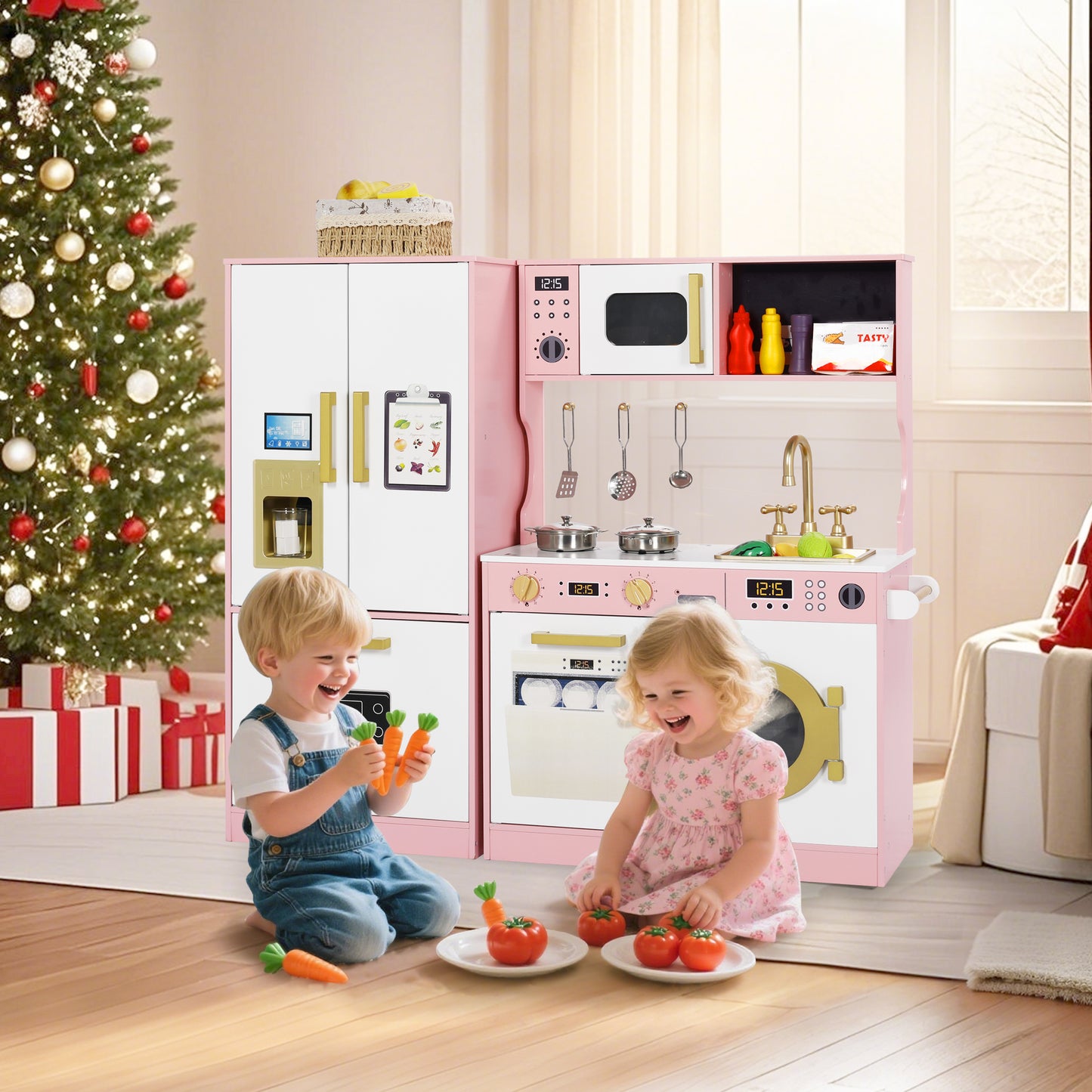 AILEEKISS Wood Kids Play Kitchen, Pretend Kitchen Playset for Children Age 3 Years up, Pink