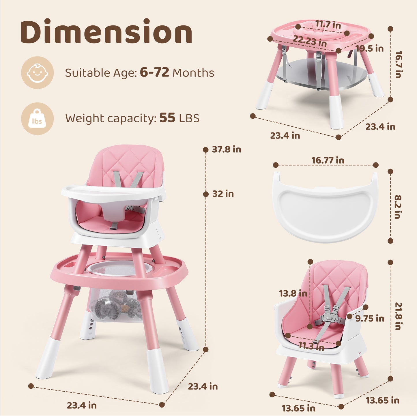 AILEEKISS 15 in 1 Baby High Chair, Toddler Dining Booster Seat w/Activity Center, Pink