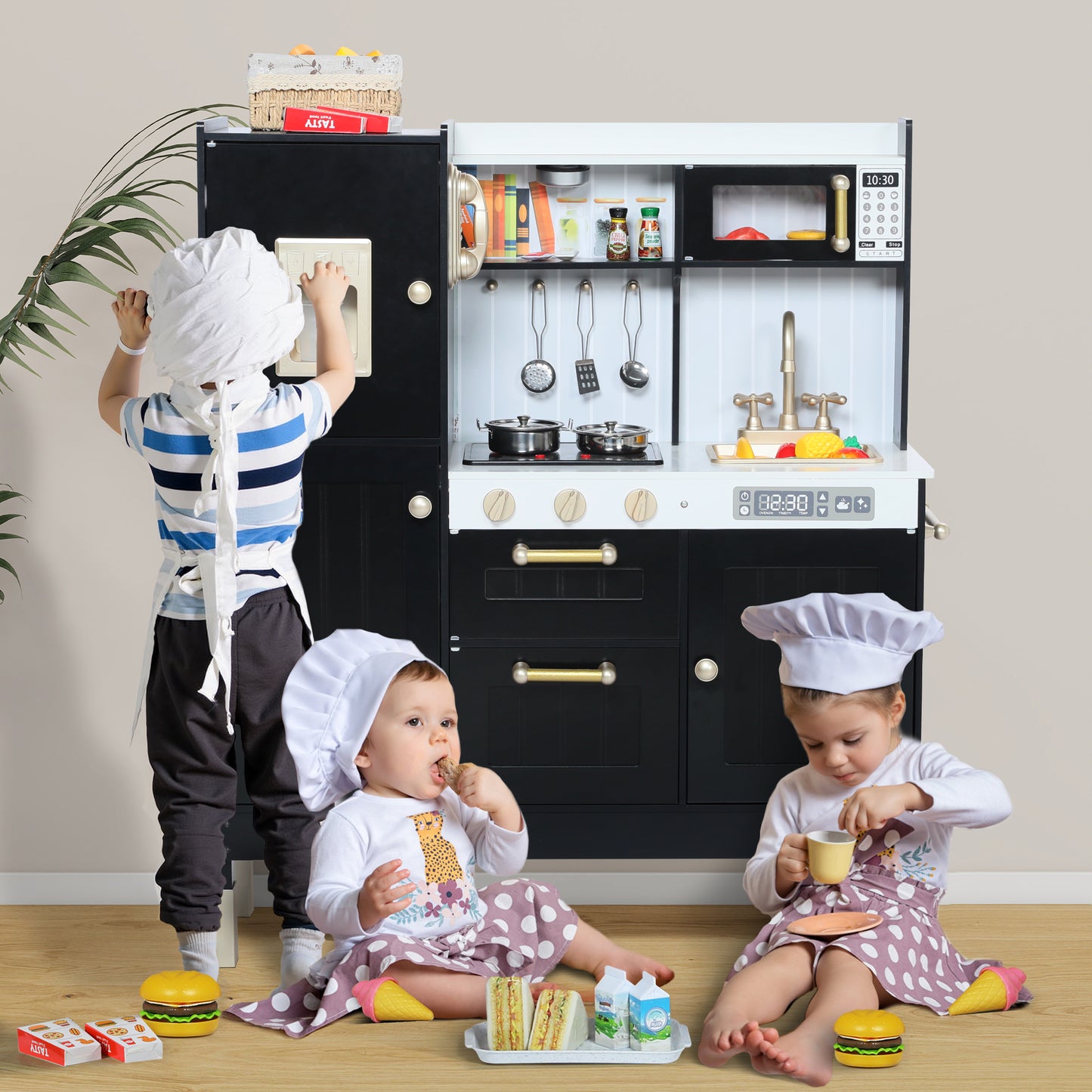 AILEEKISS Wood Kids Play Kitchen, Pretend Toy Kitchen Playset for Children with Sounds, Black