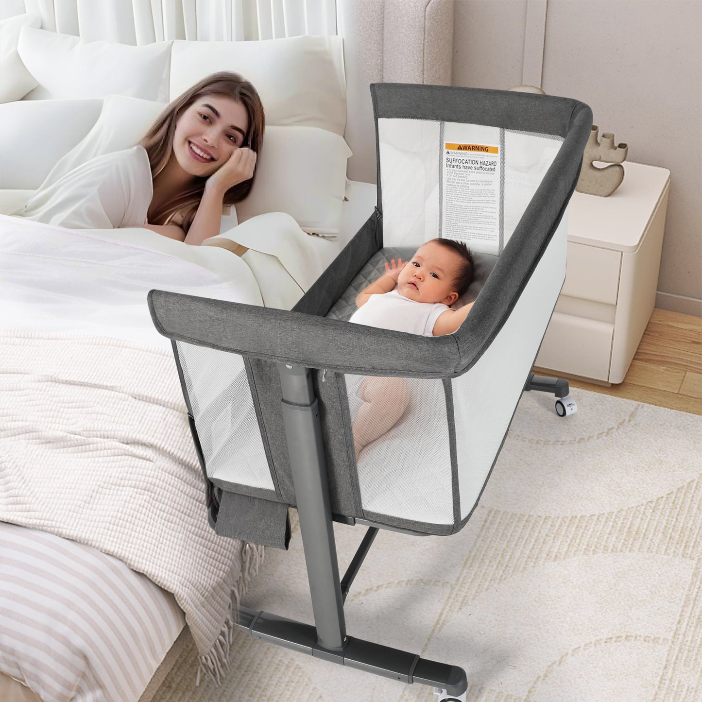 Baby Bassinet Bedside Sleeper, Height Adjustable Newborn Baby Bassinet with Wheels, Grey