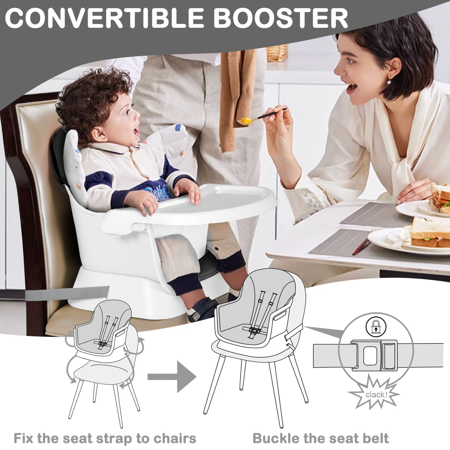 8 in 1 Baby High Chair, Toddler Dining Booster Seat for Eating, White