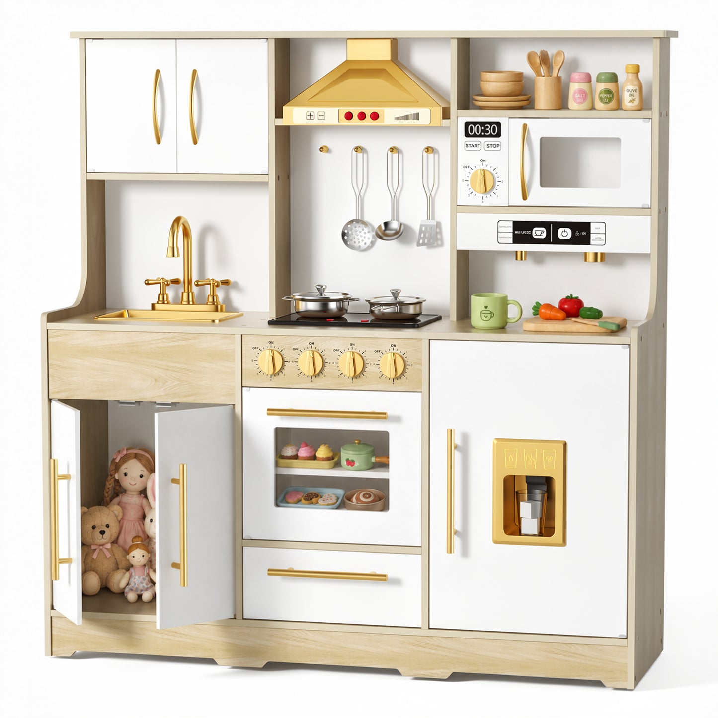 AILEEKISS Wood Kids Play Kitchen, Pretend Kitchen Playset for Children Age 3 Years up, Grain