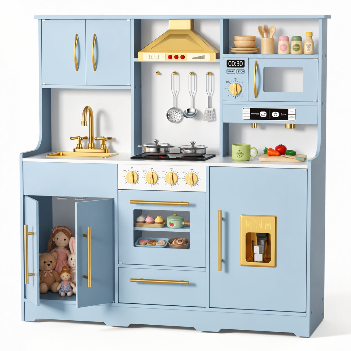 AILEEKISS Wood Kids Play Kitchen, Pretend Kitchen Playset for Children Age 3 Years up, Blue
