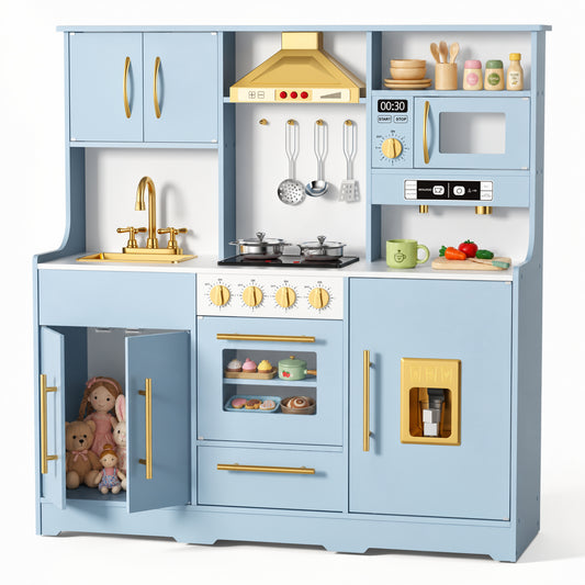 AILEEKISS Wood Kids Play Kitchen, Pretend Kitchen Playset for Children Age 3 Years up, Blue