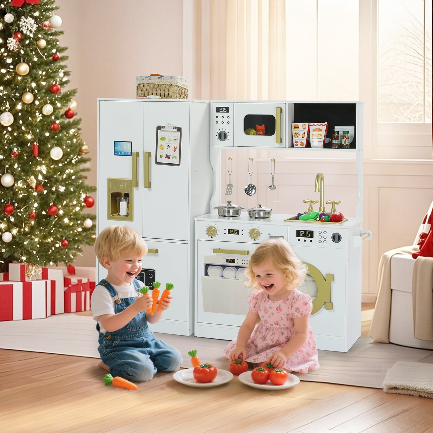 AILEEKISS Wood Kids Play Kitchen, Pretend Kitchen Playset for Children Age 3 Years up, White