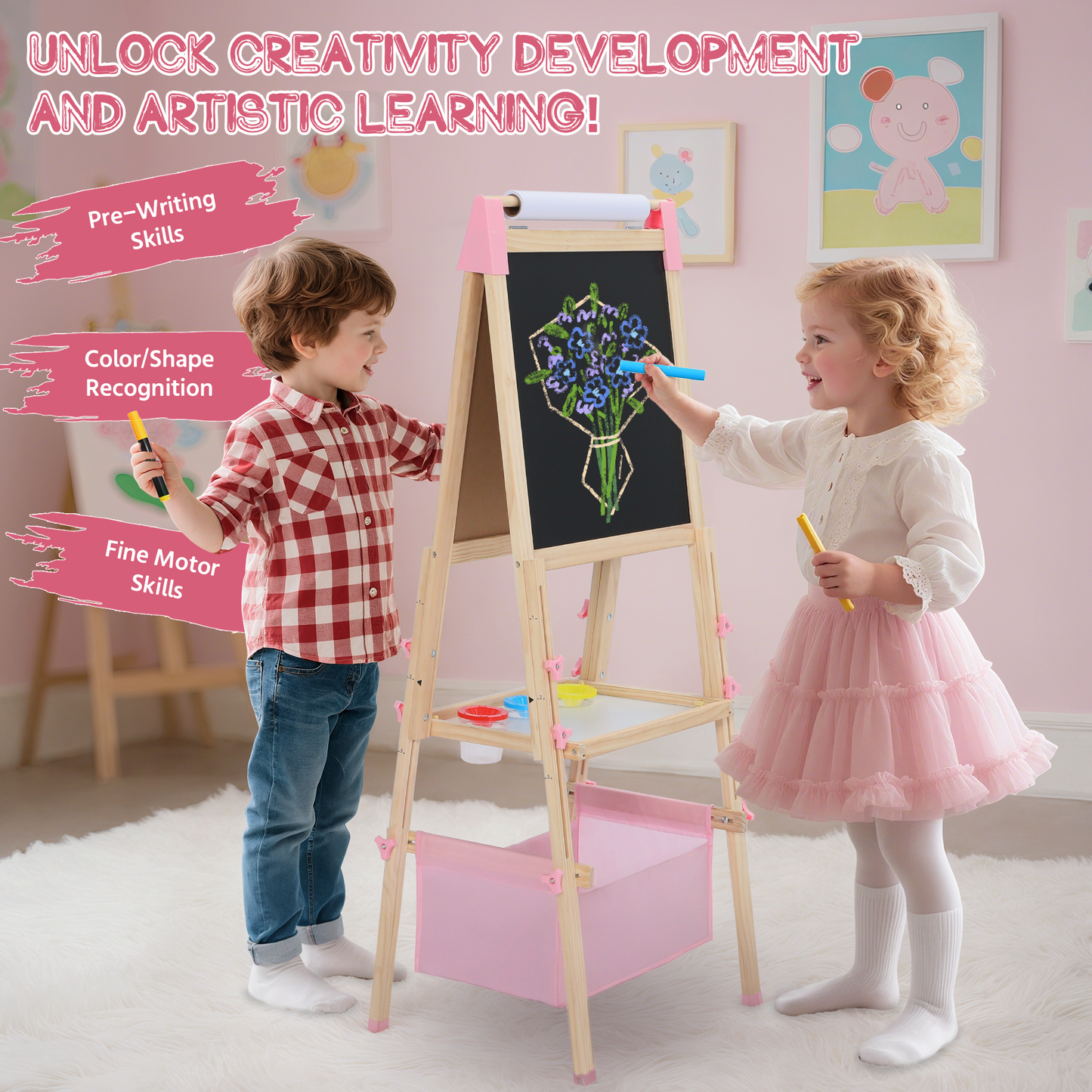 AILEEKISS Kids Art Easel Double-Sided Art Easel with Whiteboard and Chalkboard for Painting Pink