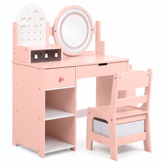 LINLUX Kids Vanity Table and Chair Set,Princess Makeup Dressing Table with LED Mirror and Storage Organizer for Girls, Pink