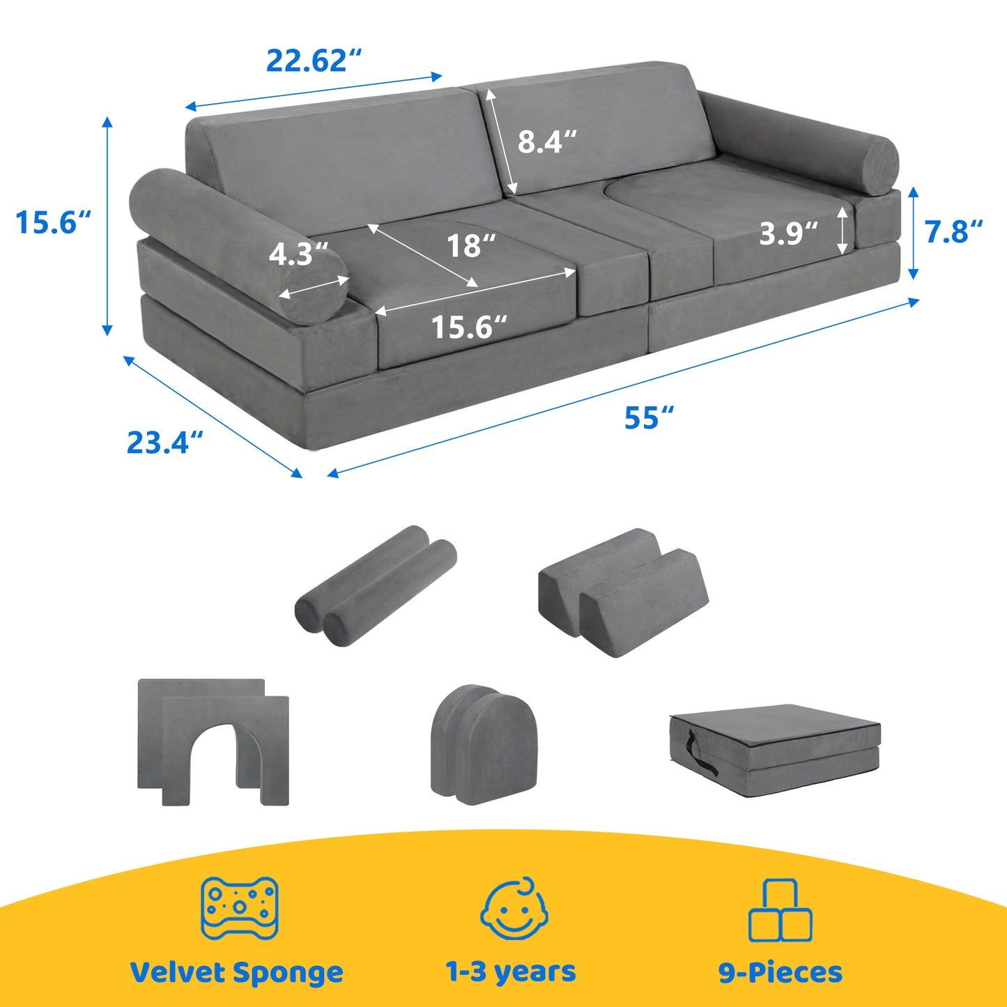 9 Pcs Kids Sofa Couch Playset, Baby Play Couch Imaginative Furniture for Toddler, Grey