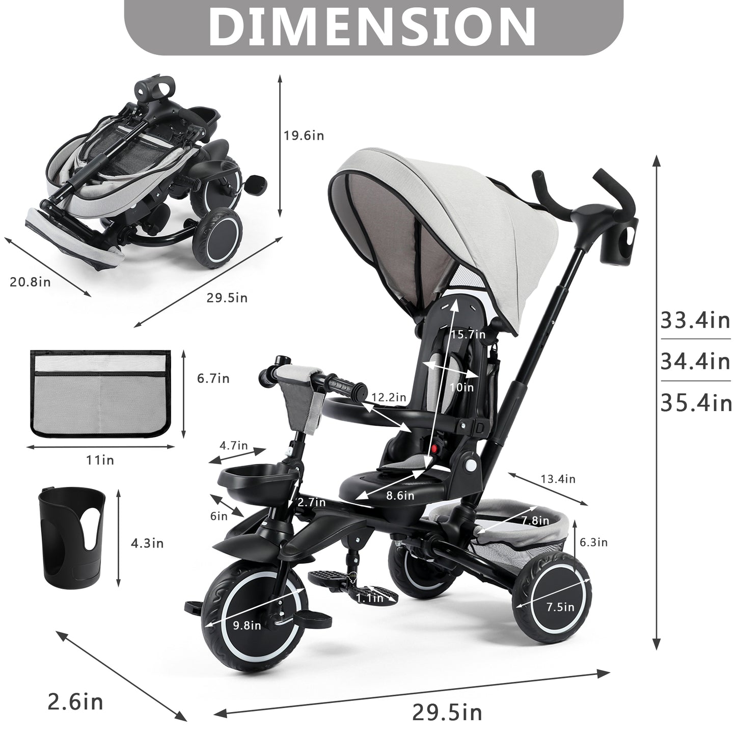 LINLUX 8 in 1 Kids Tricycle, Folding Toddler Trike with Push Handle, Tricycle for Kids, Light Gray