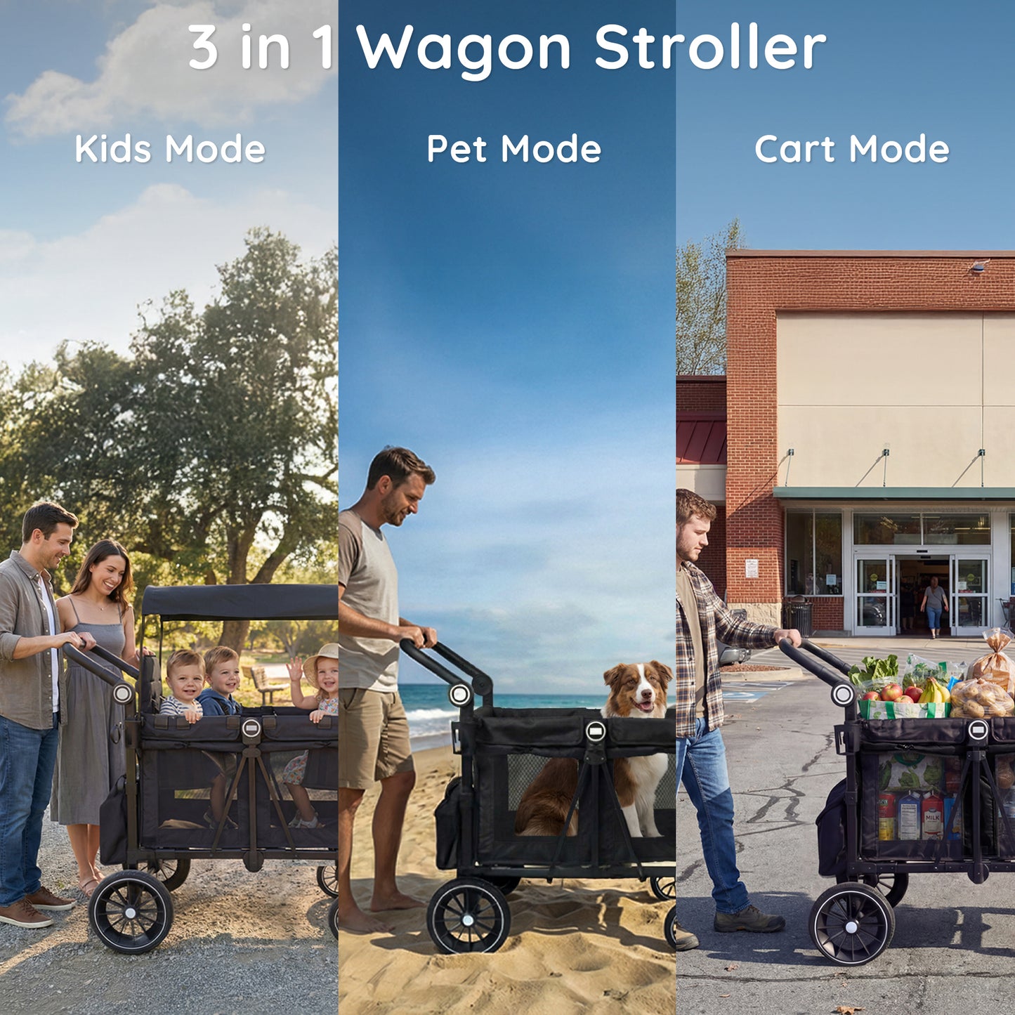 LINLUX 2 Kids Wagon Stroller, Foldable Outdoor 2-Seat Stroller Wagon, Removable Canopy, 55 Pound, Black