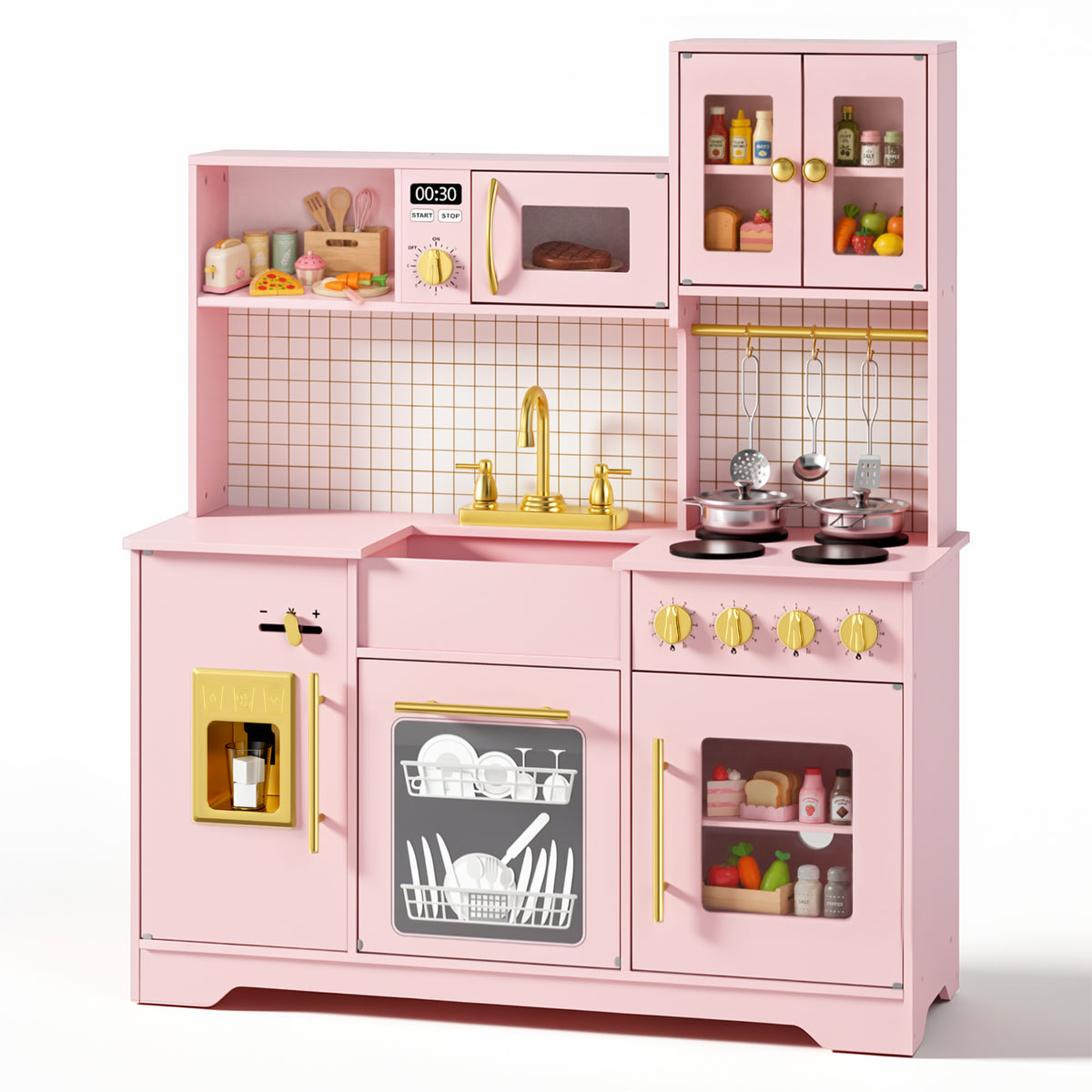 AILEEKISS Kids Kitchen Playset for Children, Realistic Pretend Kitchen Toy with Ice Maker, Pink