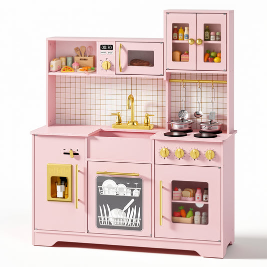 AILEEKISS Kids Kitchen Playset for Children, Realistic Pretend Kitchen Toy with Ice Maker, Pink