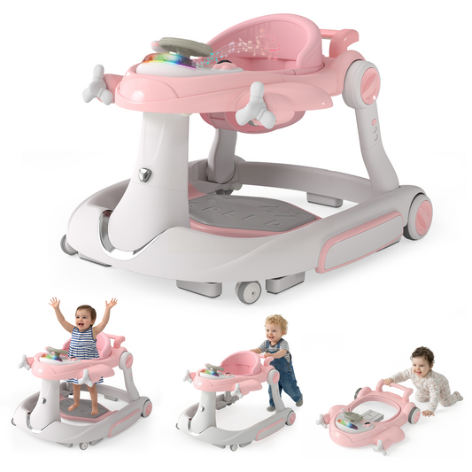 AILEEKISS 5-in-1 Musical Baby Walker with Wheels, Foldable Baby Walker for Boys Girls, Pink& Beige