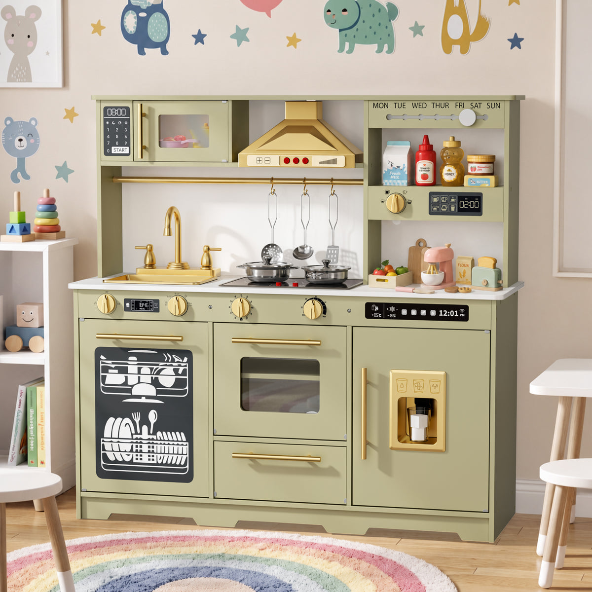 AILEEKISS Kids Toy Kitchen for Children, Pretend Kids Play Kitchen Set with Cooking Accessories, Green