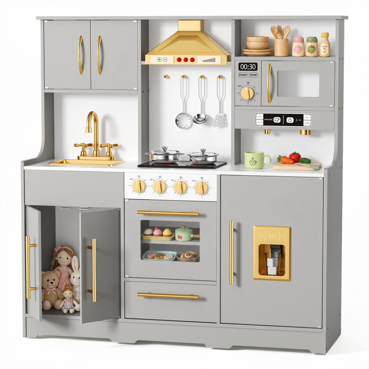AILEEKISS Wood Kids Play Kitchen, Pretend Kitchen Playset for Children Age 3 Years up, Grey