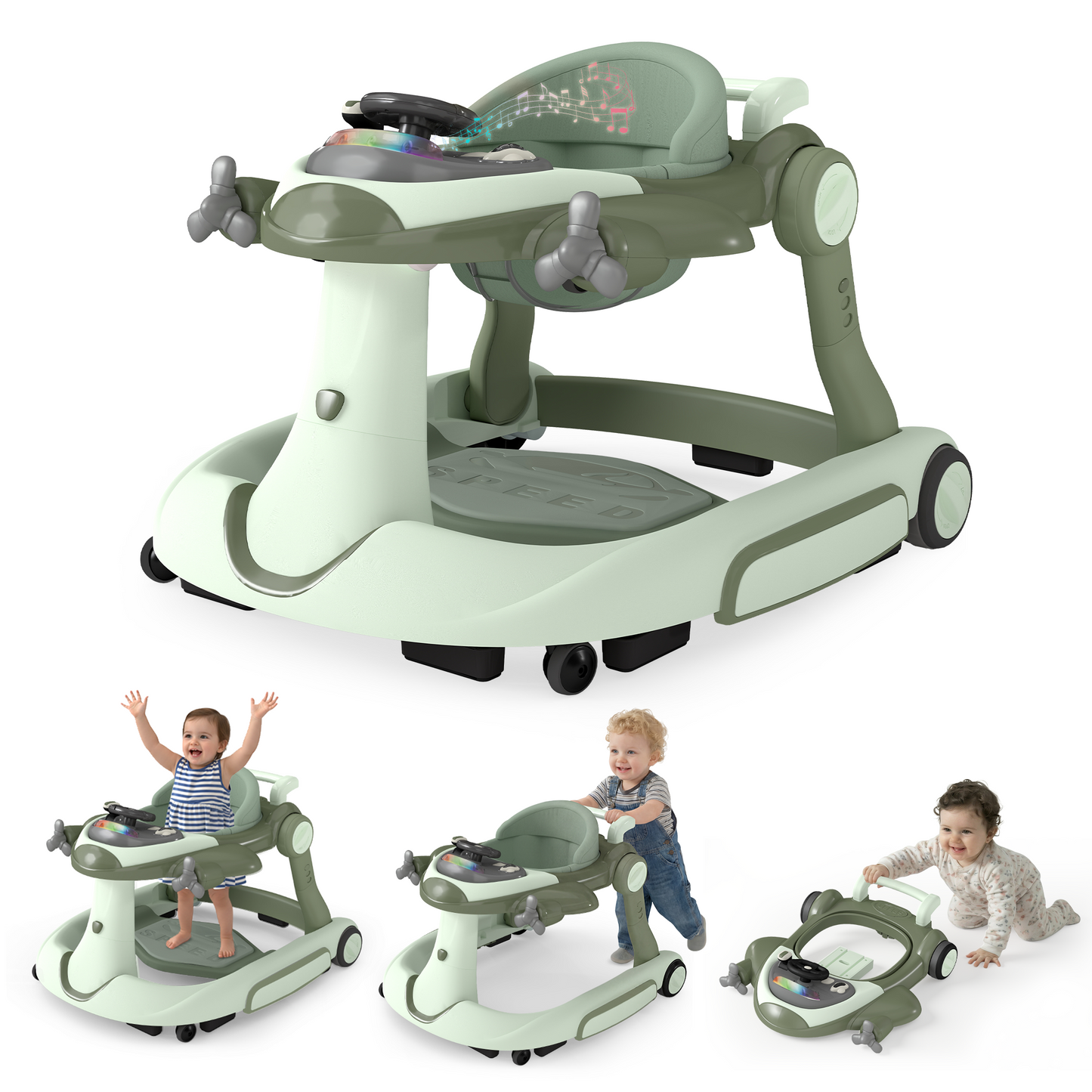 LINLUX 5 in 1 Foldable Baby Walker 3 Heights, Toddler Activity Walker w/Music & Lights, Green
