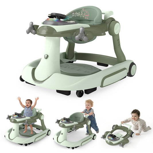 LINLUX 5 in 1 Foldable Baby Walker 3 Heights, Toddler Activity Walker w/Music & Lights, Green