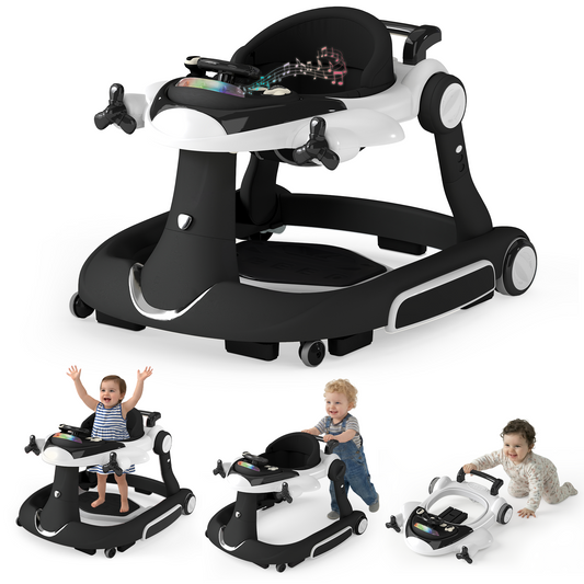AILEEKISS 5-in-1 Musical Baby Walker with Wheels, Foldable Baby Walker for Boys Girls, Black